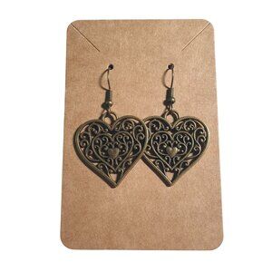 Bronze Filigree Heart Drop Earrings Romantic Scroll Boho Style Jewelry Valentine